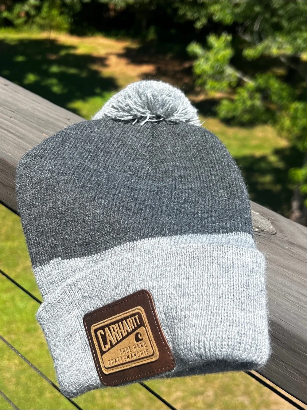Carhartt Pom Pom Beanie Gray Knit Hat Winter Cuffed Logo Cap Unisex